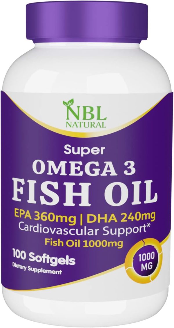 NBL Natural Fish Oil Super Omega 3 1000mg 360 EPA 240 DHA, Cardiovascular Support, 100 Softgels
