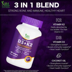 NBL Natural Vitamin D3 + K2 with Organic Coconut – 60 Softgel | Vitamin D3 4000 iu k2 Supplement for Hair | Bone Health Support | Immunity Booster | Muscle Supplement Softgel - Image 2