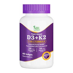 NBL Natural Vitamin D3 + K2 with Organic Coconut – 60 Softgel | Vitamin D3 4000 iu k2 Supplement for Hair | Bone Health Support | Immunity Booster | Muscle Supplement Softgel